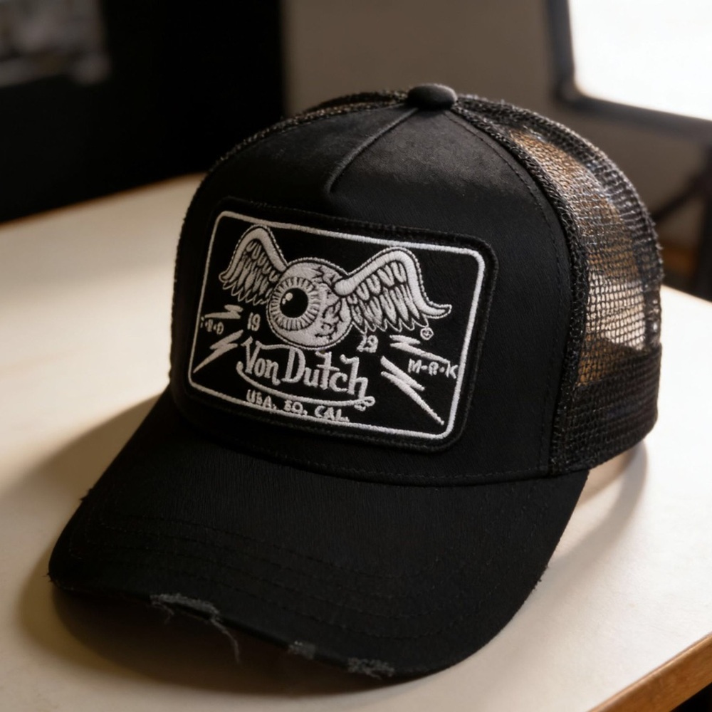 Von Dutch Black Trucker Cap with Winged Eyeball Patch